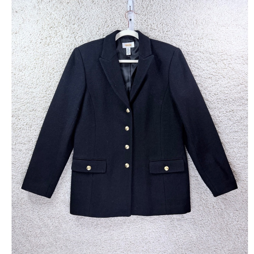 Talbots Blazer Women 12 Black Vintage Wool Blend Gold Buttons Made in USA Coat